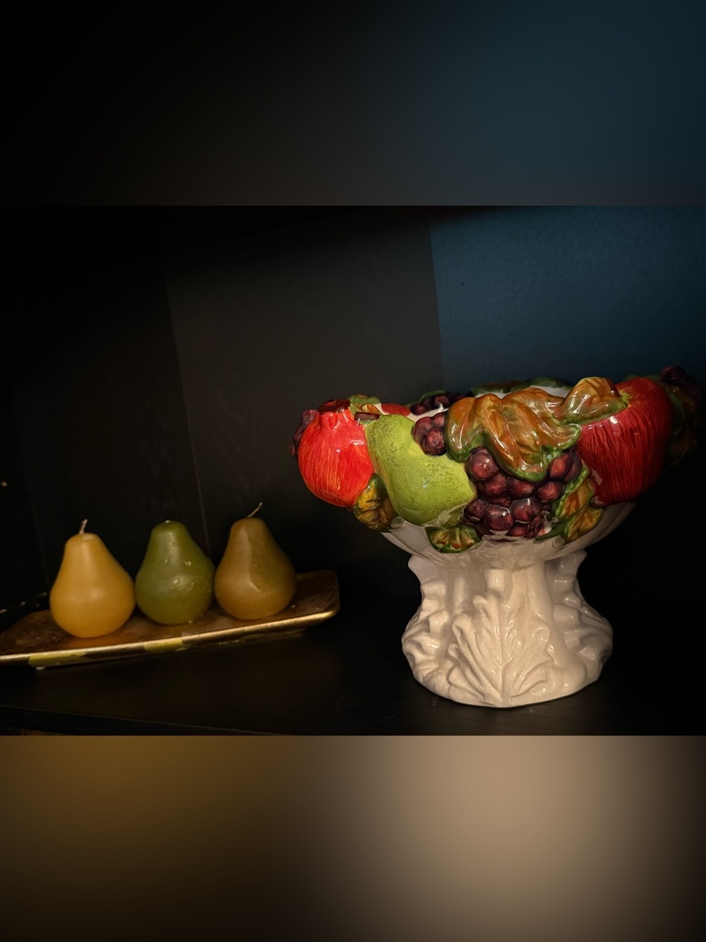 Hand-Painted Ceramic Fruit Compote - Red, Green, Purple Accents